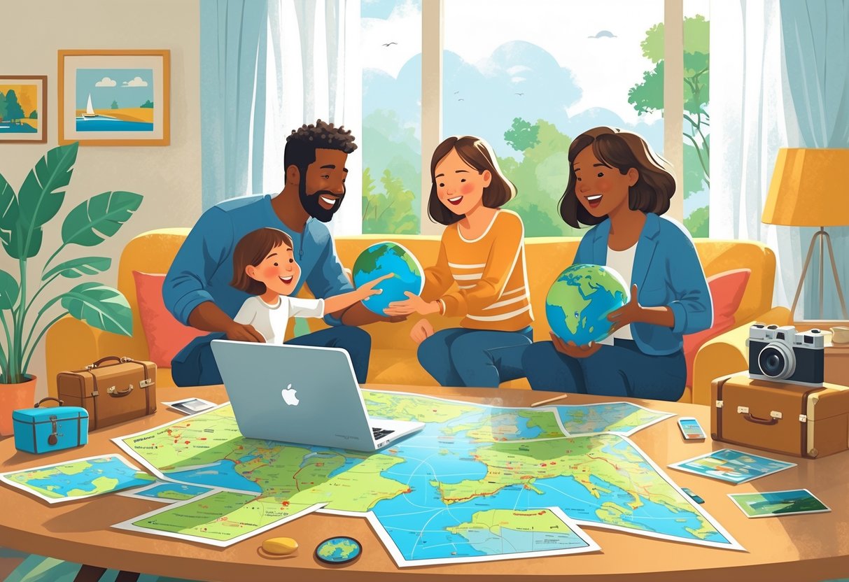 A family of four sitting around a table with maps and travel materials, planning a vacation together.