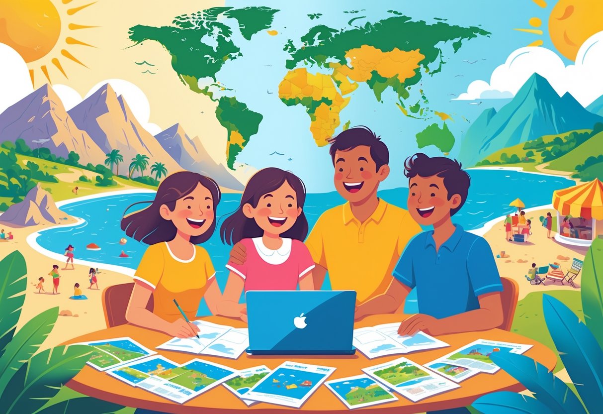 A family of four happily planning a vacation together with maps and brochures, surrounded by scenes of a beach, mountains, amusement park, and countryside.