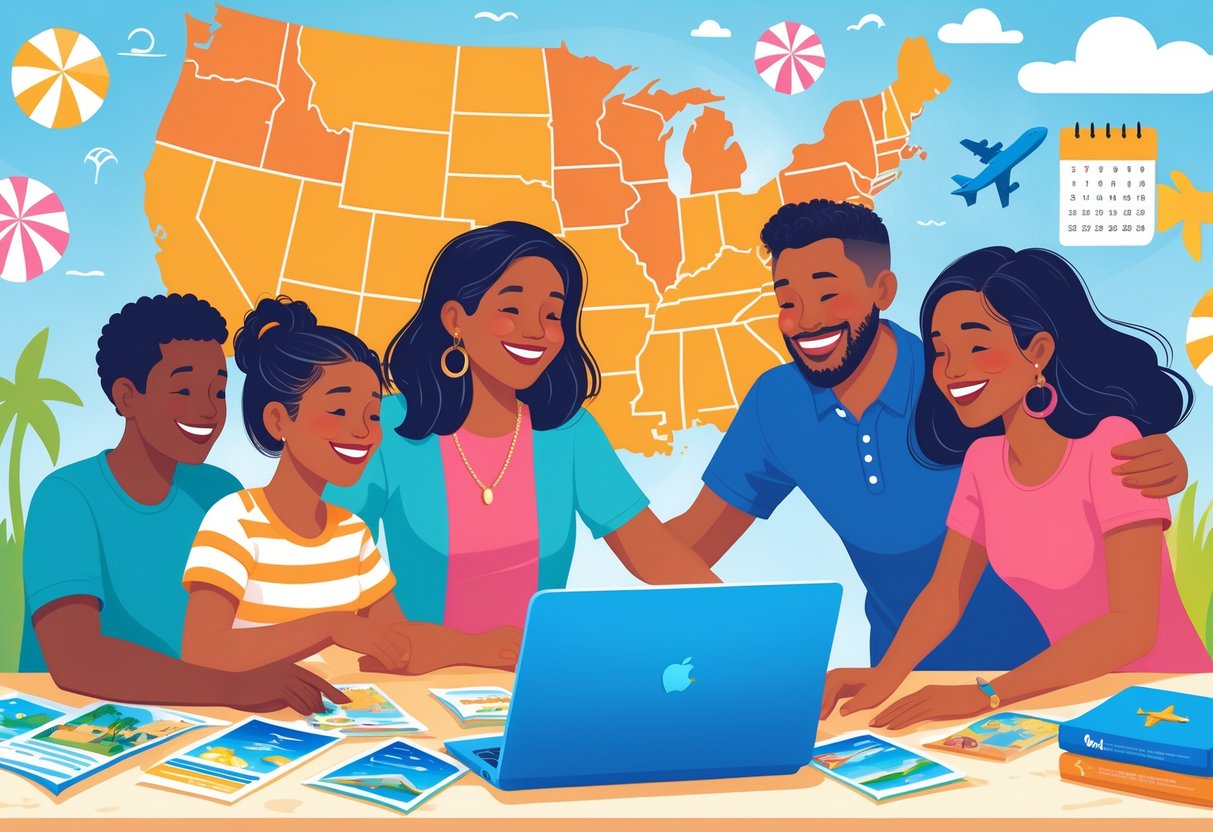 A family of four sitting around a table planning a vacation with a laptop showing a map of the United States and travel materials spread out.