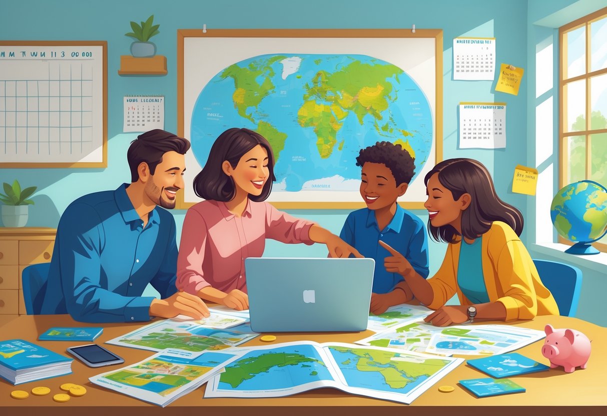 A family of four planning a vacation together around a table with maps, brochures, a laptop, and travel items, discussing destinations and budgeting.