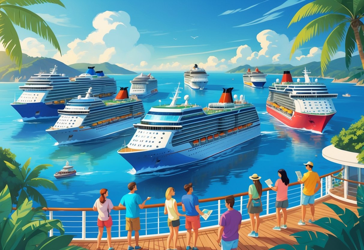 Several cruise ships sailing on the ocean near a tropical coastline with travelers enjoying the ship decks.