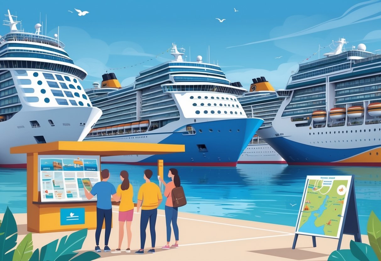A busy cruise port with several cruise ships docked and people consulting a travel agent near maps and brochures.