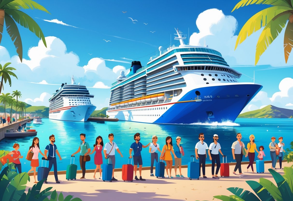A harbor with several cruise ships docked, surrounded by travelers preparing to board, with a coastal landscape and calm ocean in the background.