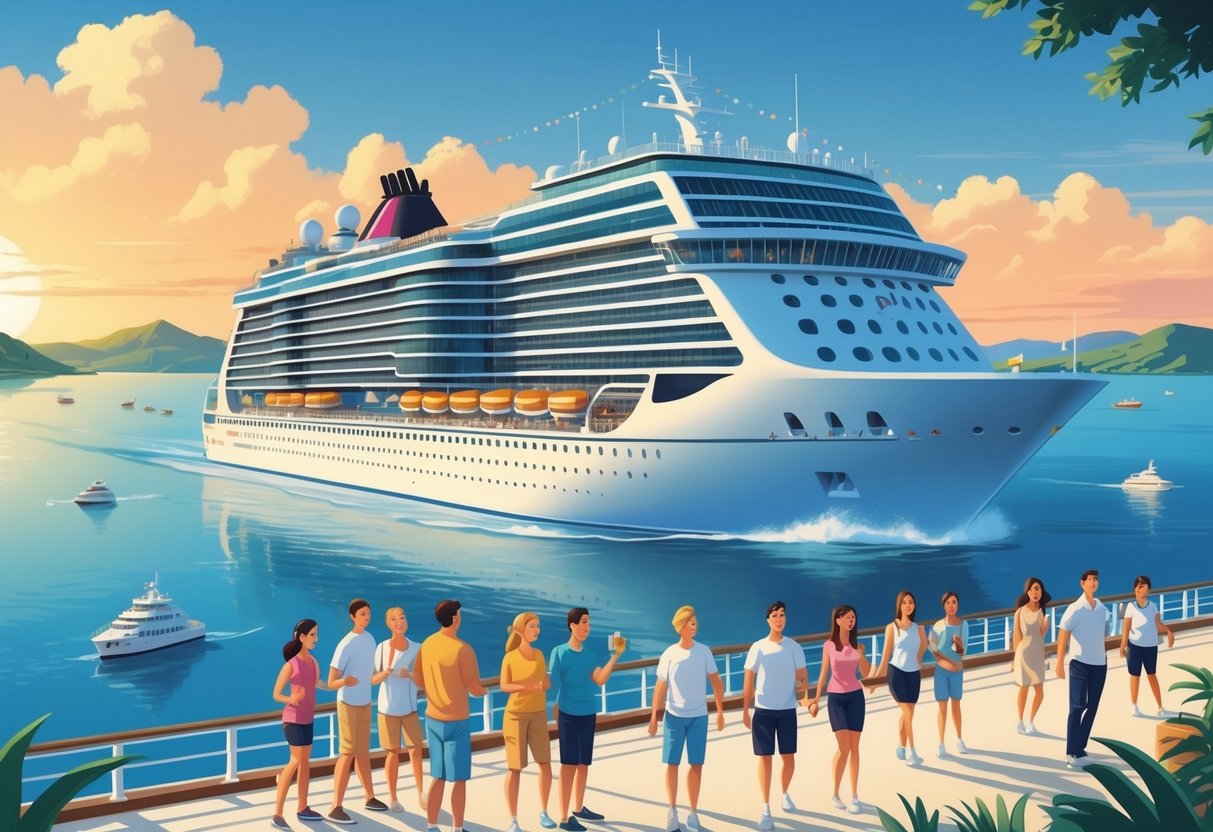 A large luxury cruise ship sailing on calm ocean waters with people enjoying the ship's deck and scenic coastal islands in the distance.