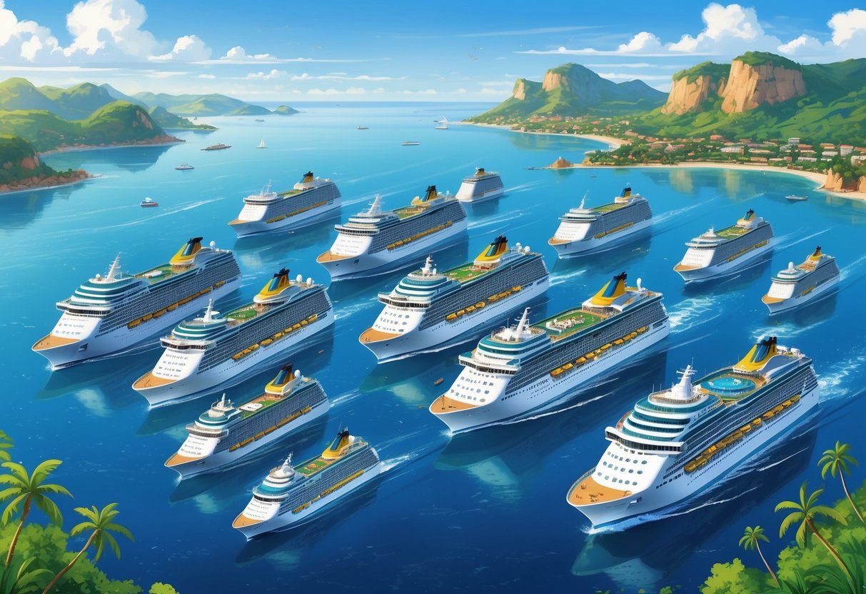 A fleet of different cruise ships sailing on calm ocean waters near a scenic coastline with passengers enjoying amenities on deck.