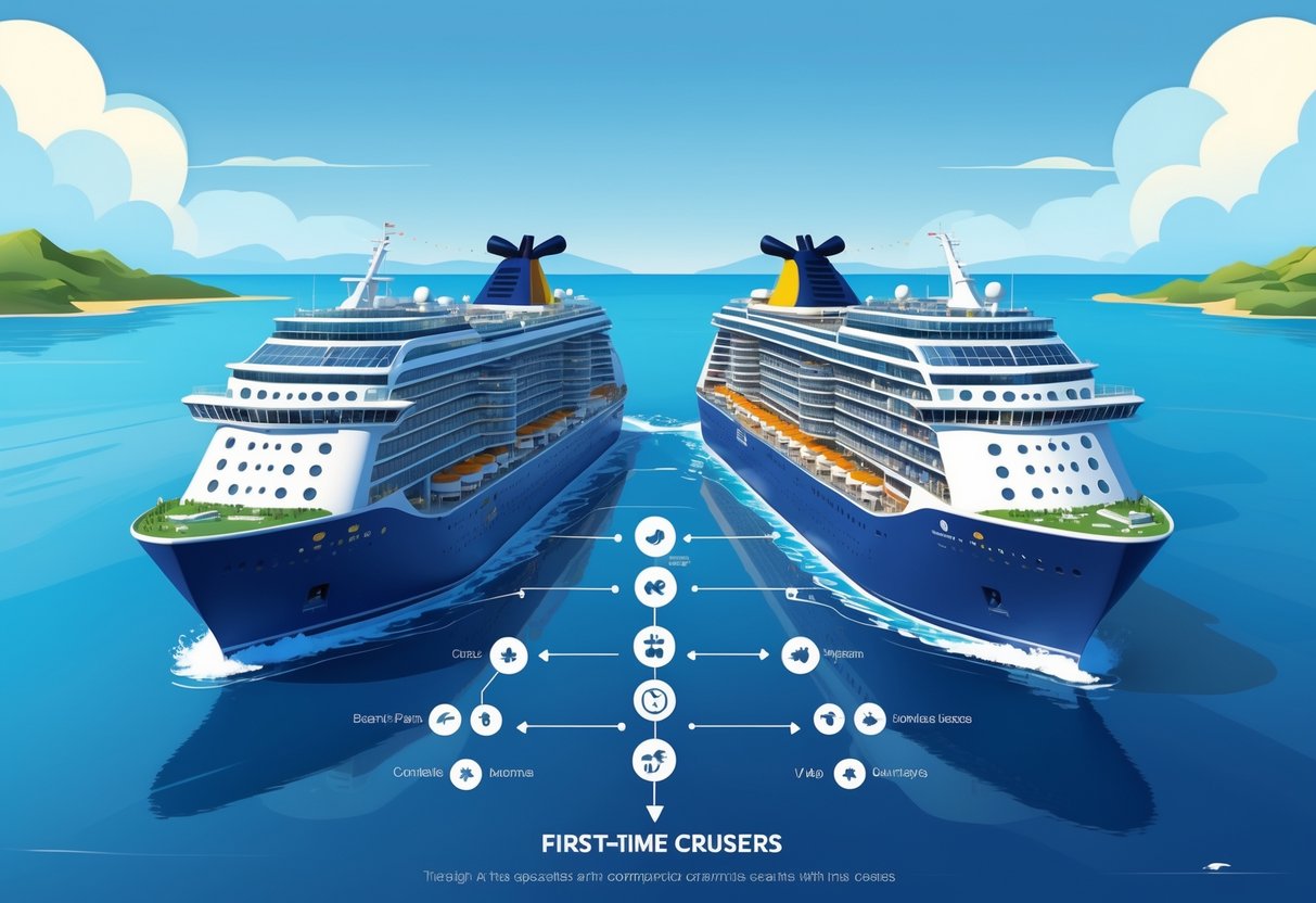 Two cruise ships sailing side by side on calm blue water, showing visible decks with pools, dining areas, and entertainment spaces, with a subtle infographic between them illustrating routes and amenities.