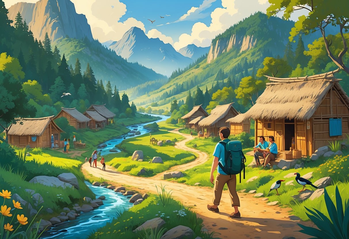 A traveler walking along a forest trail toward a small village with local people, surrounded by mountains, trees, and wildlife.
