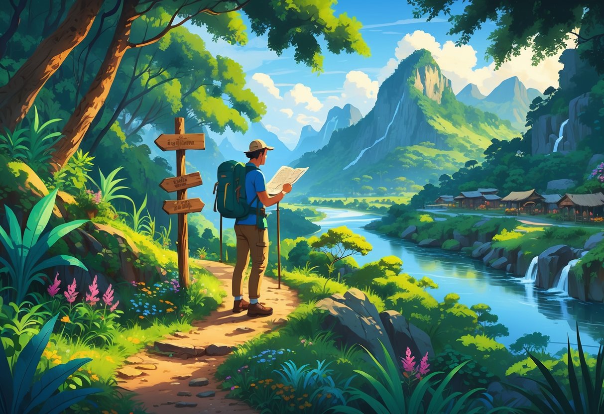 A traveler with a backpack stands on a forest trail near a wooden signpost, surrounded by mountains, a river, and a small village in the background.
