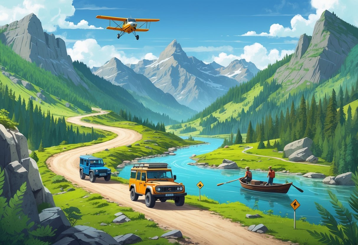 Various transportation modes including a 4x4 vehicle, small airplane, bicycle, and boat traveling through remote natural landscapes with mountains, forests, and lakes.