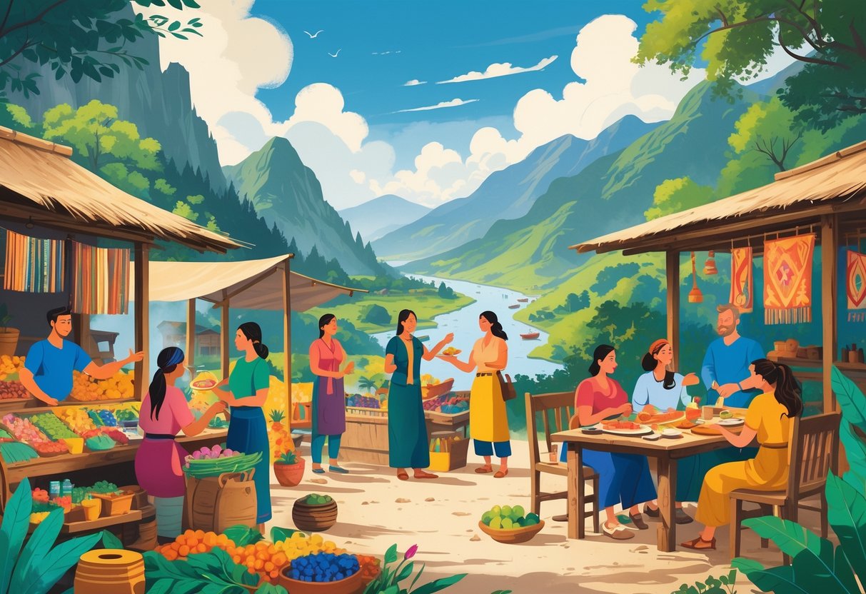 Travelers interacting with local people in a rural market and natural surroundings, sharing food and crafts in a remote village setting.