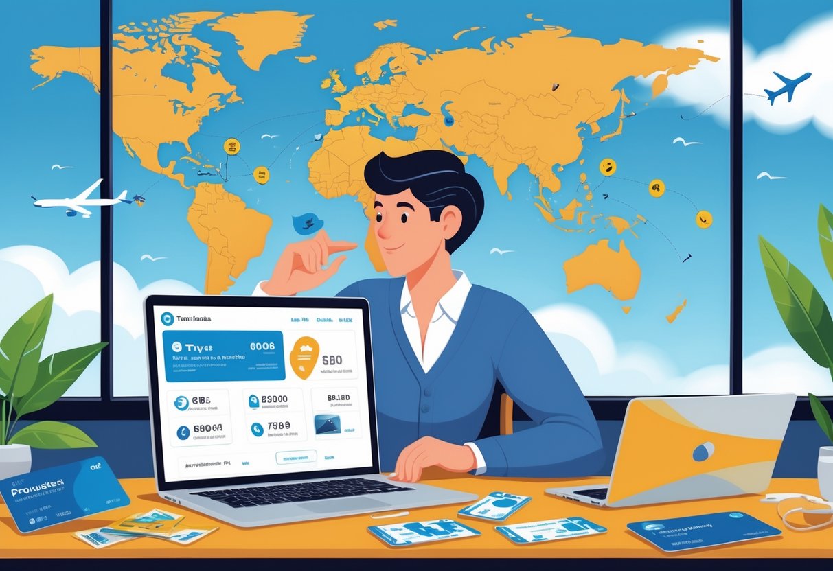 A person planning a trip at a desk with travel items, a laptop showing rewards, and an airplane taking off outside a window.