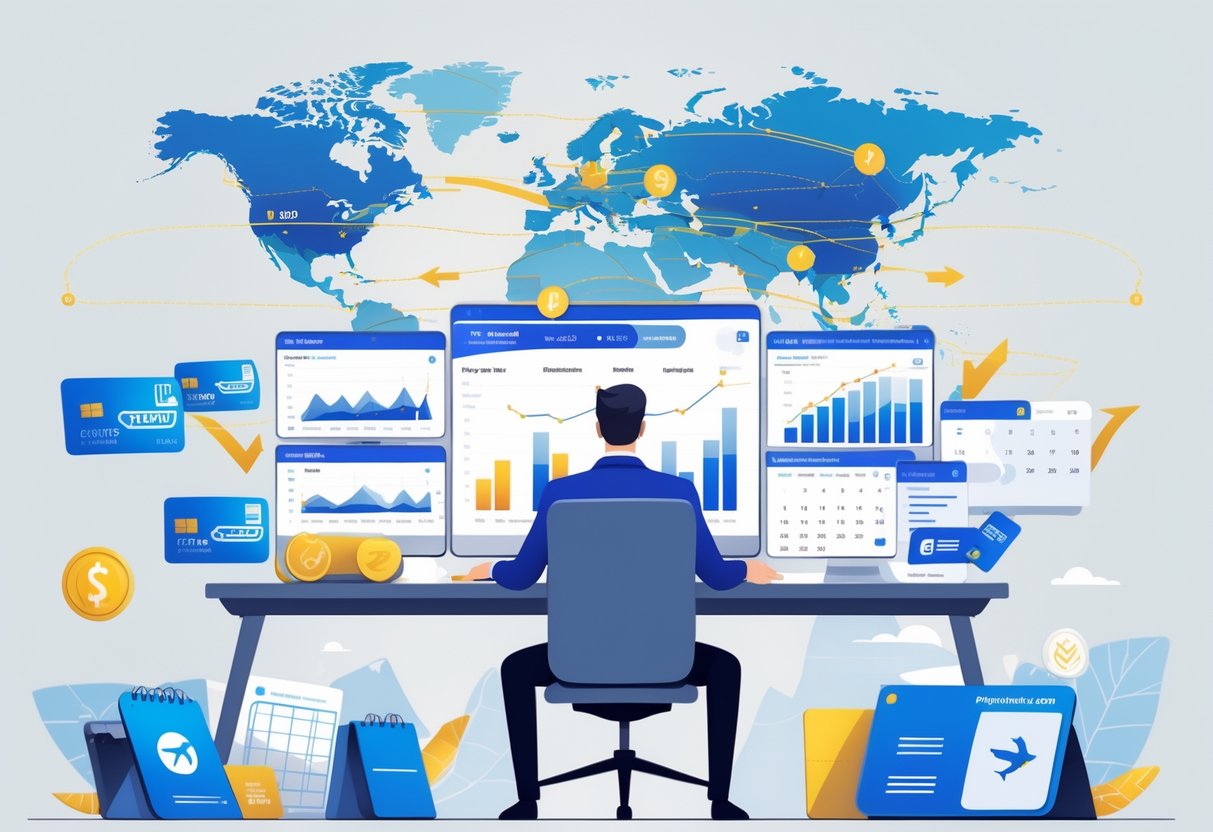 A person at a desk analyzing charts and airline icons with a world map showing flight routes in the background.