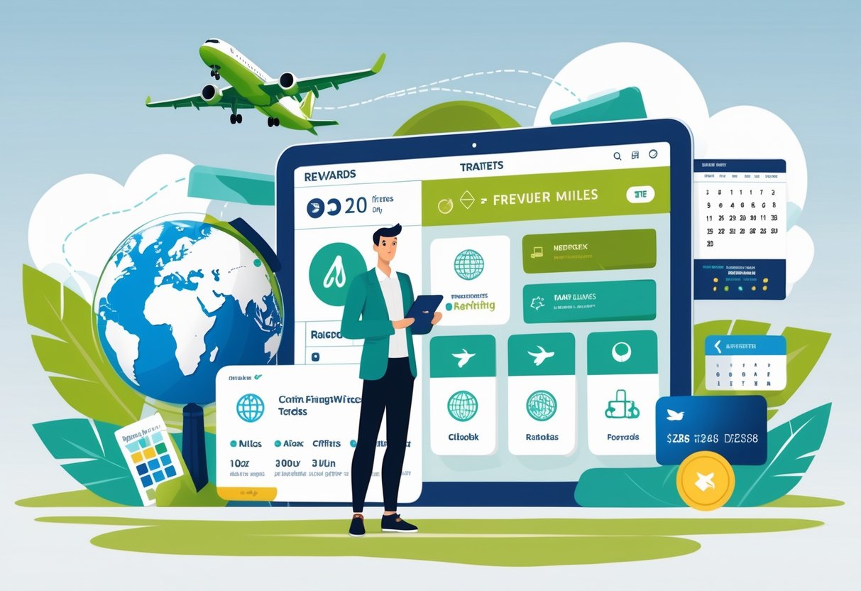 A traveler standing beside a large airplane ticket and a tablet showing rewards, with a globe and flight paths in the background, surrounded by credit cards and a calendar indicating travel planning.