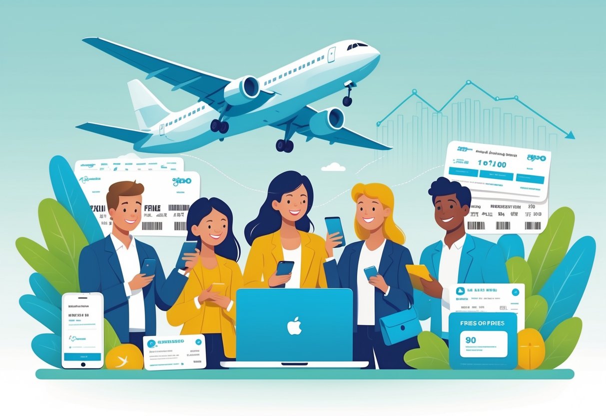 People planning trips with devices surrounded by airline tickets, credit cards, and an airplane taking off, symbolizing maximizing frequent flyer rewards.
