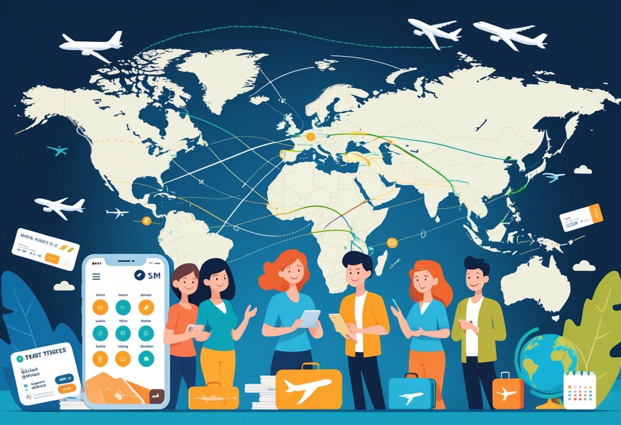 A group of travelers planning trips around a digital map with flight paths, surrounded by airline tickets, credit cards, a smartphone, and travel-related icons.