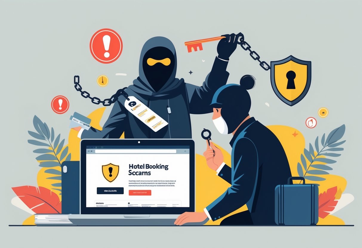 A traveler at a desk looking concerned while a masked scammer tries to deceive them with fake hotel documents, surrounded by warning signs and security symbols.