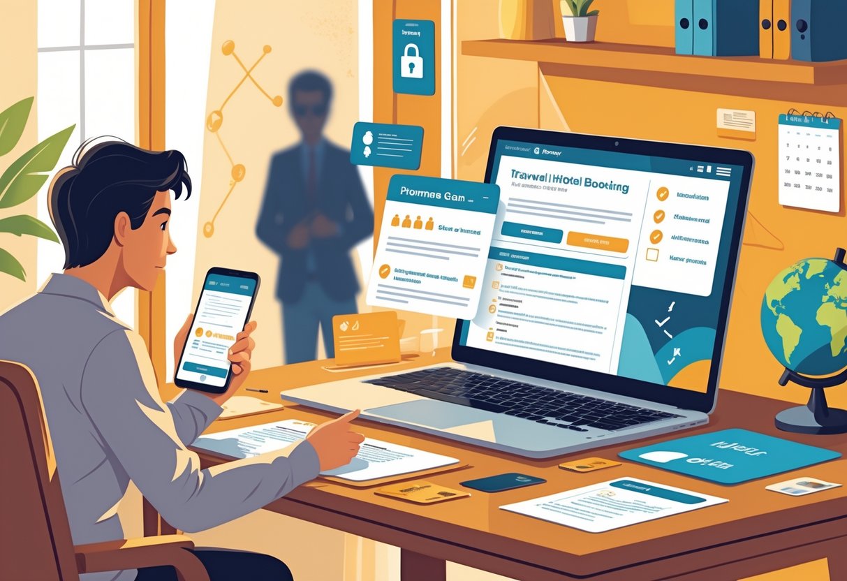 A traveler reviewing hotel booking details on a laptop and smartphone with travel documents on a desk, while a suspicious figure looms in the background.