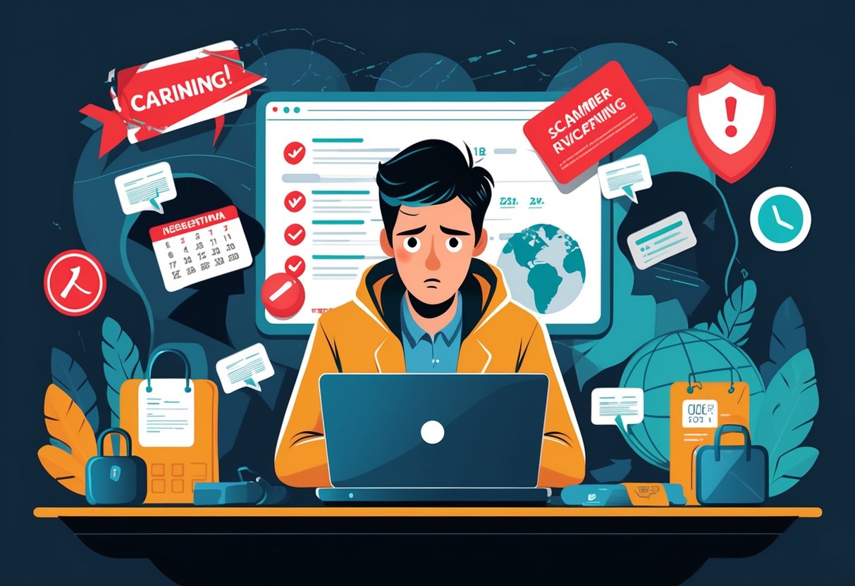 A traveler looking worried while using a laptop, surrounded by warning signs and symbols representing hotel booking scams.