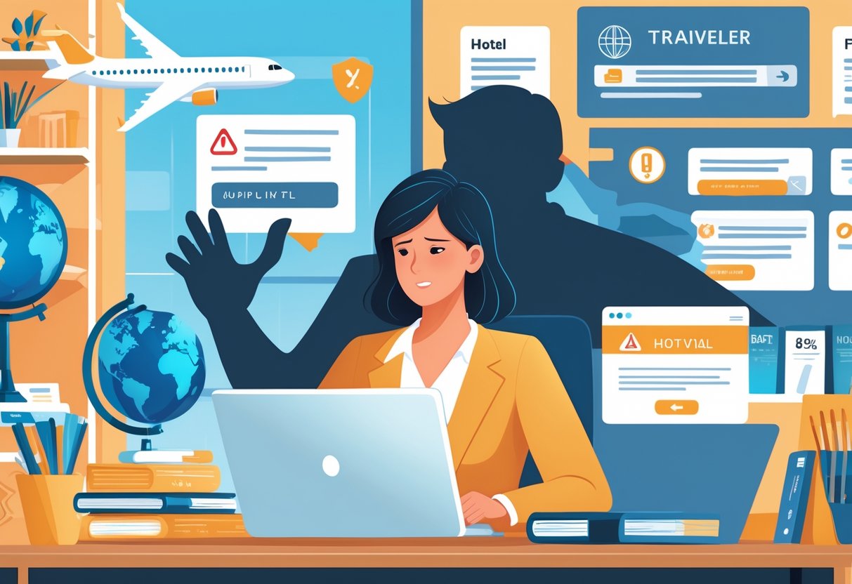 A travel agent helping a traveler at a desk with travel items around, while a shadowy figure tries to scam a traveler online in the background.