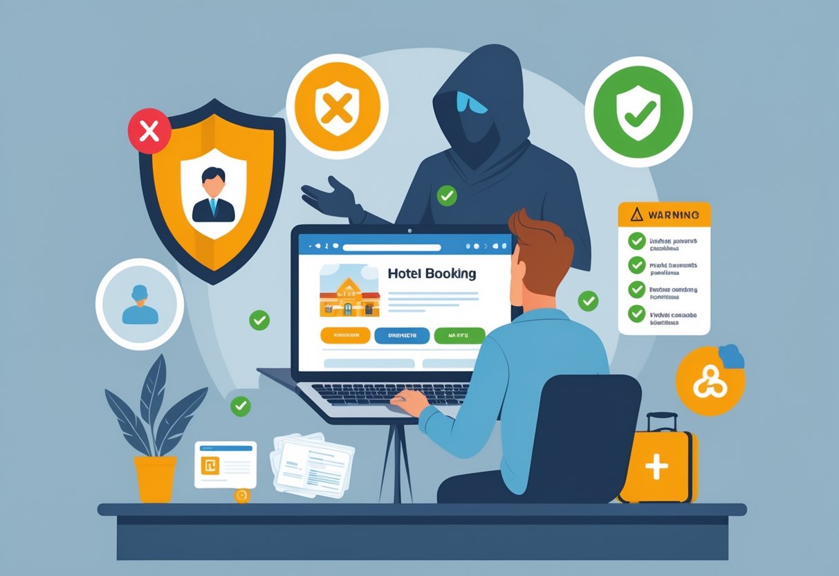 A traveler at a desk looking at a laptop with suspicious hotel booking information, surrounded by symbols of scams and protection, including a shadowy figure, warning icons, and travel items.