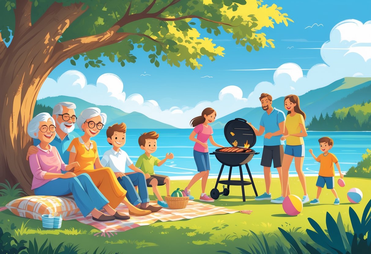 A multi-generational family enjoying a picnic and outdoor activities together by a lake with mountains in the background.
