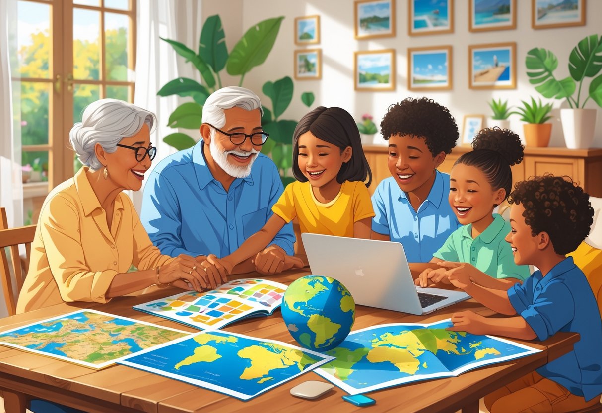 A multi-generational family gathered around a table planning a vacation together, looking at maps and brochures.