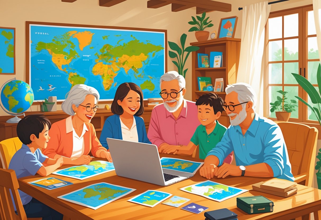 A multi-generational family gathered around a table planning a vacation together, looking at maps and travel brochures in a bright living room.