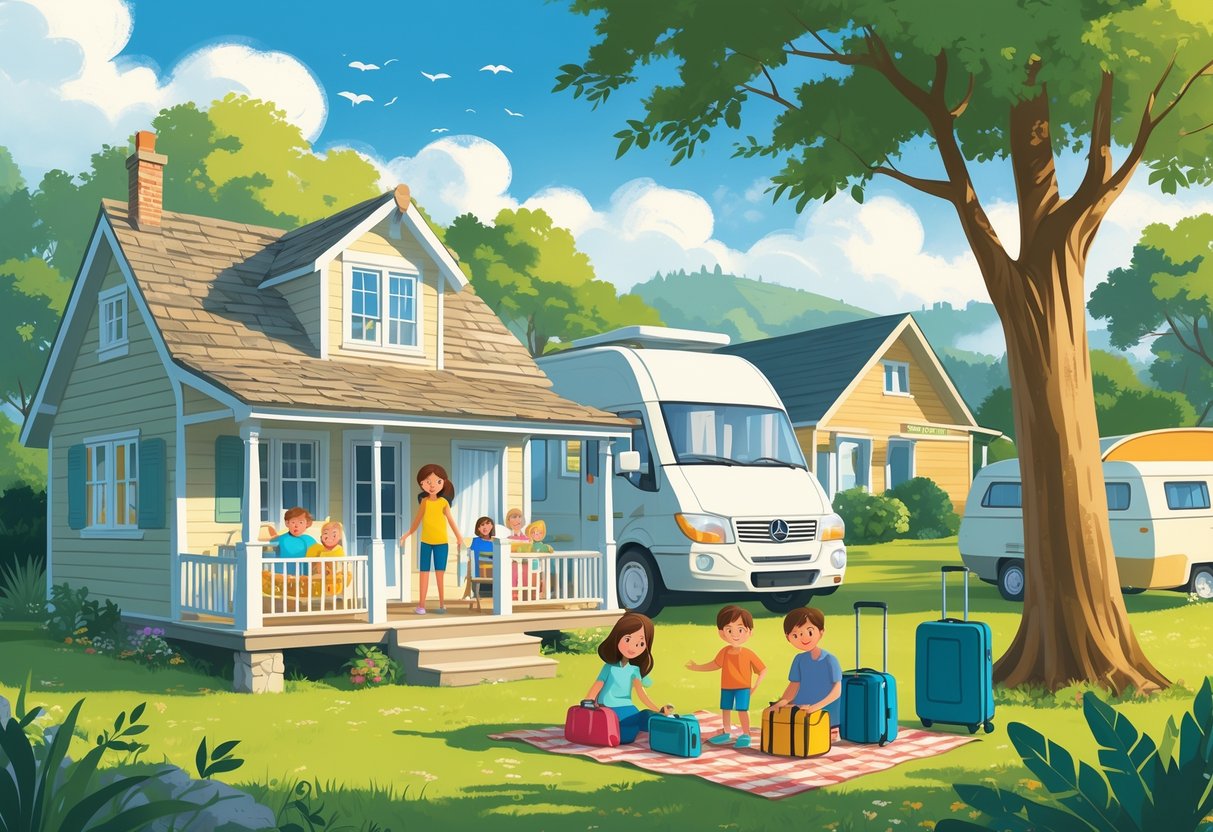 A multi-generational family enjoying different types of vacation accommodations outdoors, including a cottage, camper van, and bungalow, with children playing and adults relaxing together.