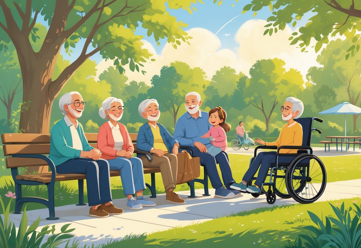 A multi-generational family enjoying a comfortable outdoor vacation together in a park with accessible features.