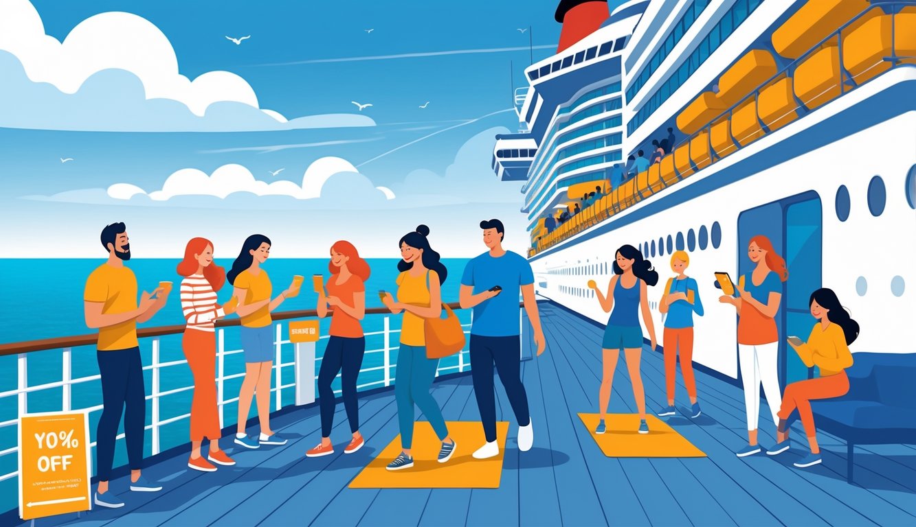 A group of travelers enjoying various affordable activities on a cruise ship deck with the ocean and clear sky in the background.