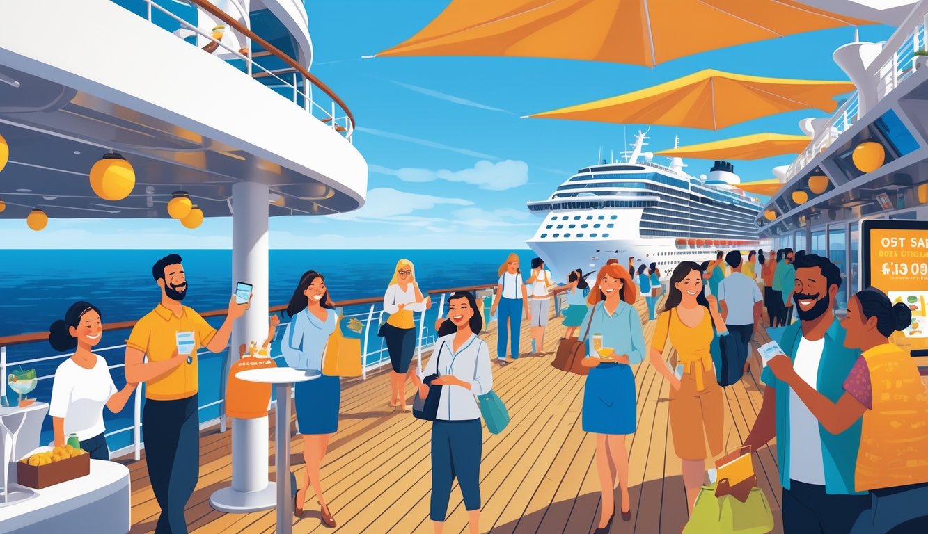 Passengers on a cruise ship deck enjoying activities like shopping, drinks, and spa treatments with crew members assisting and the ocean visible in the background.