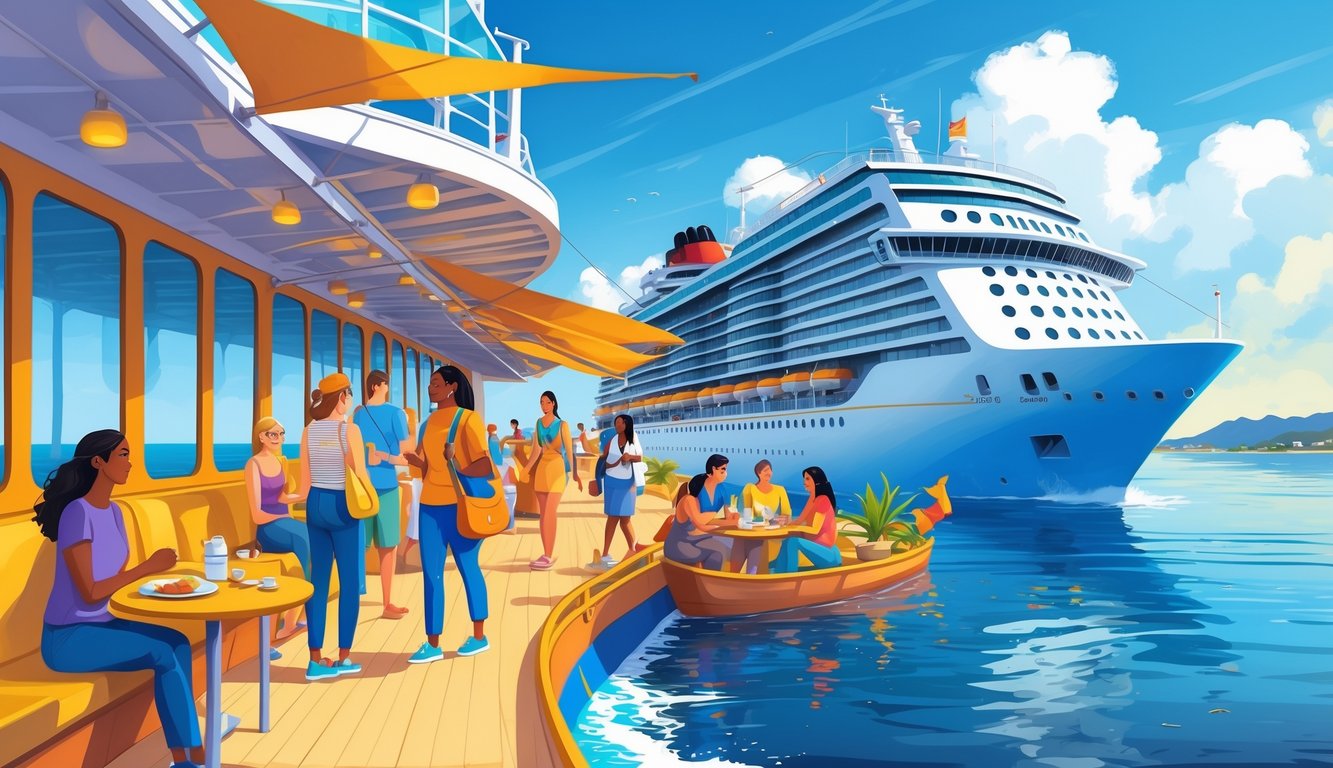 Travelers enjoying affordable shore excursions near a docked cruise ship with people relaxing onboard.