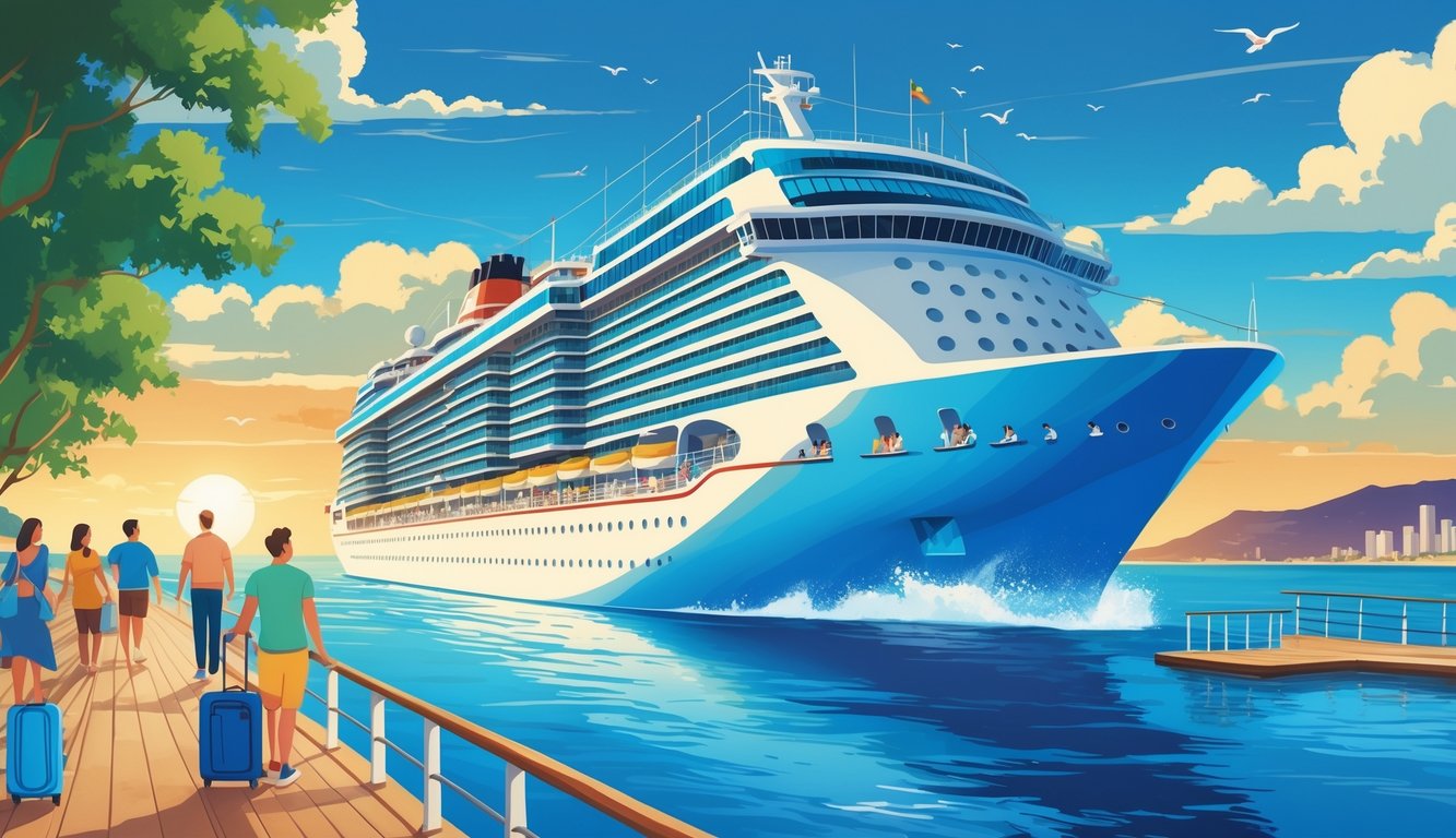 A cruise ship sailing on the ocean with travelers boarding and enjoying amenities on deck near a coastal city at sunset.