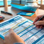 Close-up of hands holding a cruise ship invoice with a calculator and pen on a table, with a blurred cruise ship model and travel items in the background.