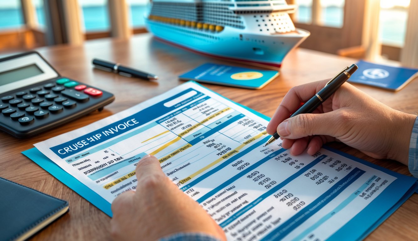 Close-up of hands holding a cruise ship invoice with a calculator and pen on a table, with a blurred cruise ship model and travel items in the background.