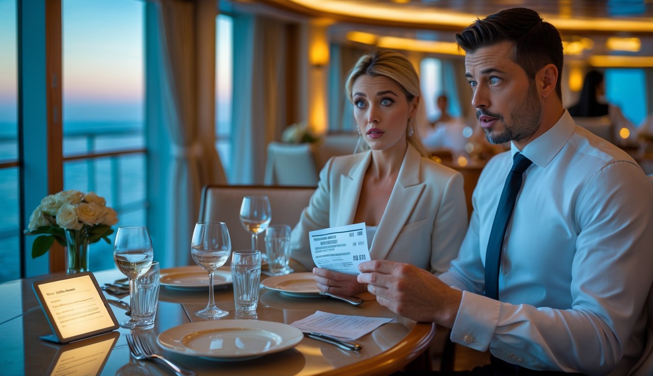 A couple at a cruise ship dining table looking surprised while reviewing a bill, with an attentive waiter nearby and an ocean view through large windows.