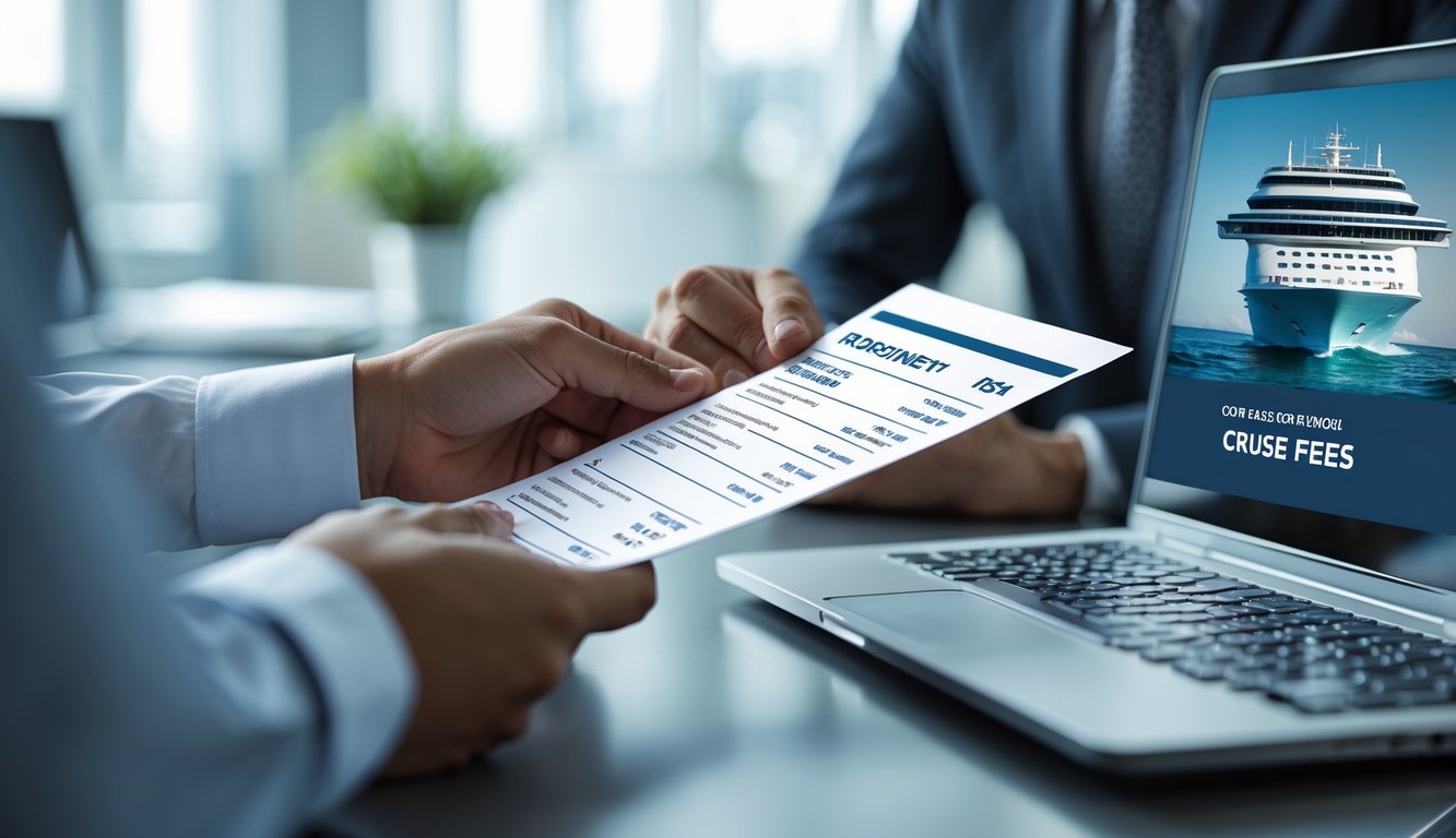 A person reviewing a bill with a laptop showing a cruise ship image in an office setting.