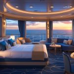 A spacious and elegant cruise ship suite with a king-sized bed, seating area, dining table, and large windows showing an ocean view at sunset.