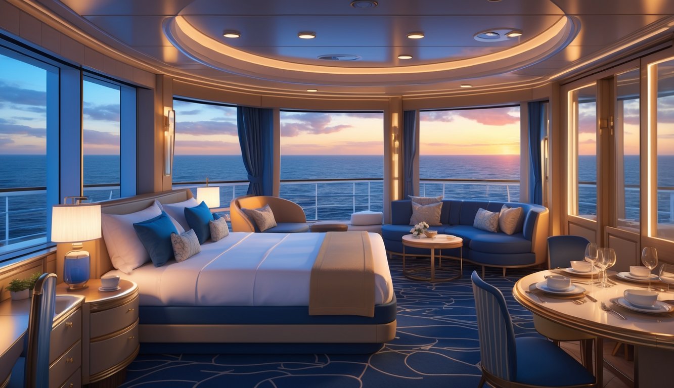 A spacious and elegant cruise ship suite with a king-sized bed, seating area, dining table, and large windows showing an ocean view at sunset.