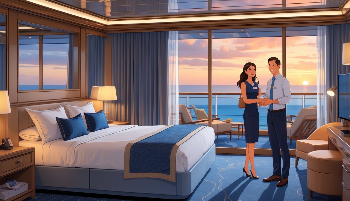 A traveler is warmly welcomed by cruise staff inside a spacious, elegant cruise ship suite with ocean views at sunset.