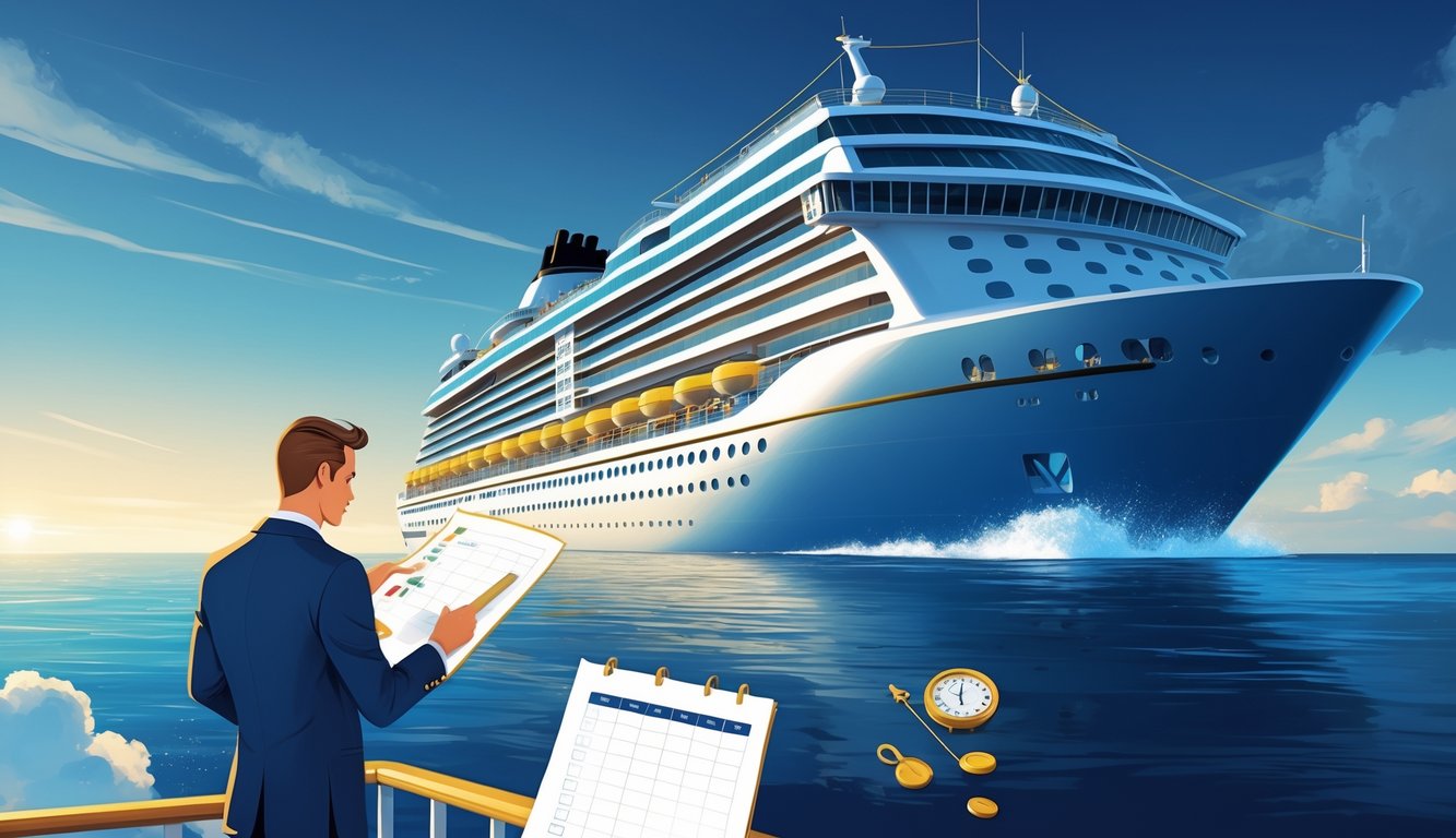 A cruise ship sailing on calm ocean waters with a traveler reviewing a map and checklist on deck, highlighting hidden upgrades and strategic planning.
