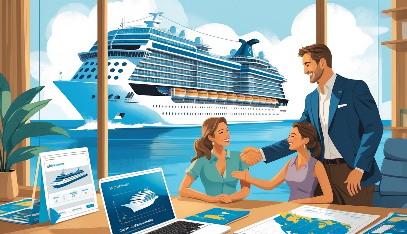 A travel agent talking with two travelers in an office with a cruise ship visible outside the window.