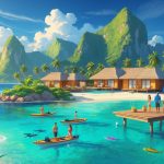 A tropical island with clear blue water, white sandy beaches, palm trees, luxury bungalows, and travelers enjoying snorkeling, relaxing by a pool, and exploring a village.