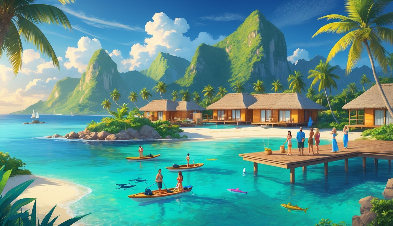 A tropical island with clear blue water, white sandy beaches, palm trees, luxury bungalows, and travelers enjoying snorkeling, relaxing by a pool, and exploring a village.