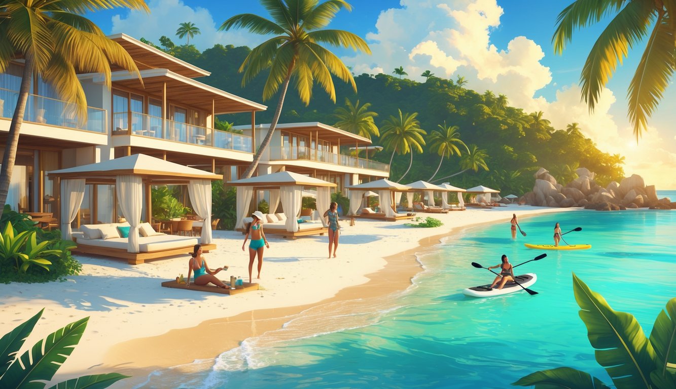 A tropical beachfront resort with travelers relaxing on the beach, swimming, and exploring nearby jungle trails under palm trees and clear blue skies.
