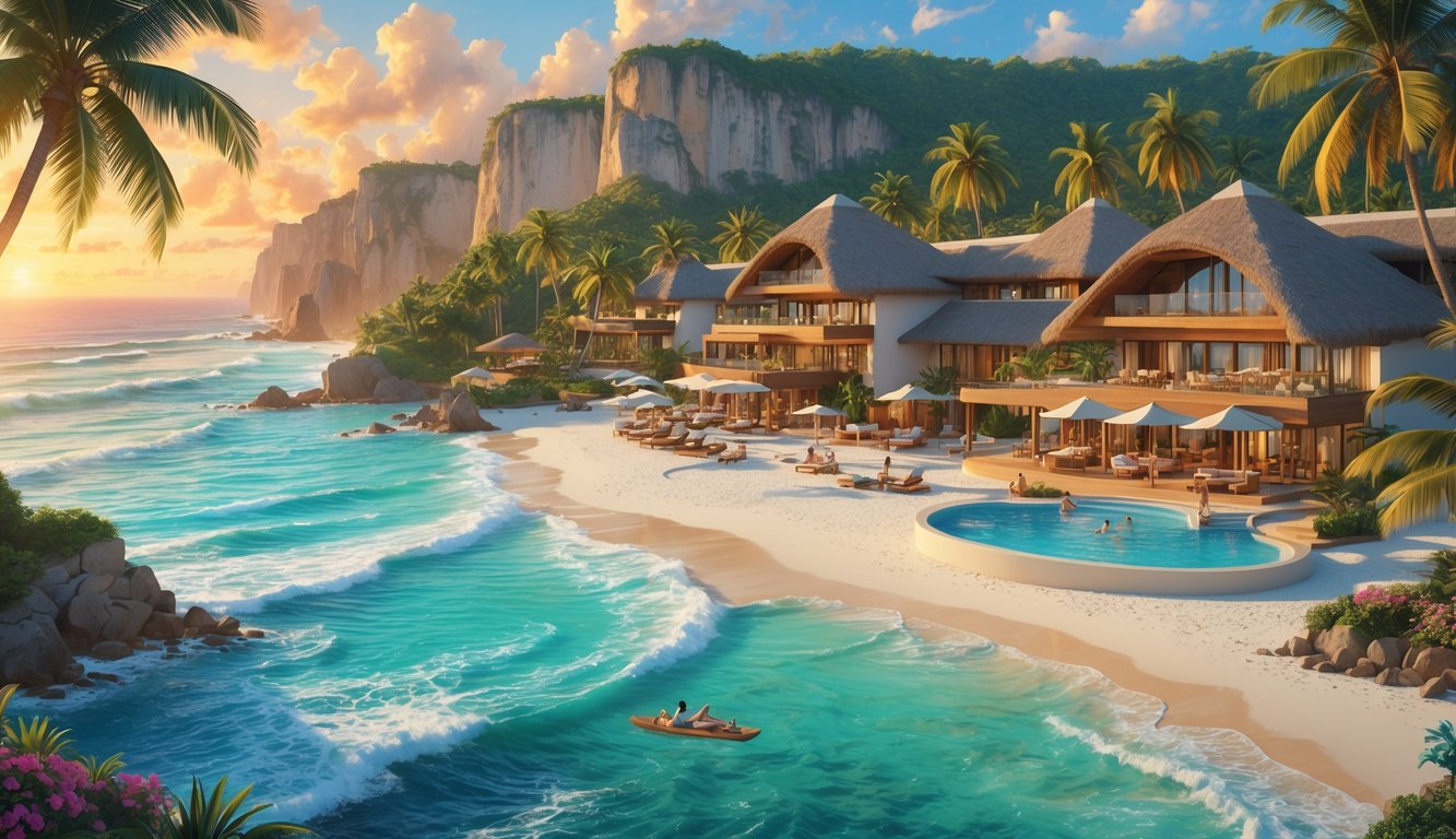 A luxurious Mexican beach resort with palm trees, white sand, turquoise ocean, guests relaxing by the pool and dining outdoors at sunset.