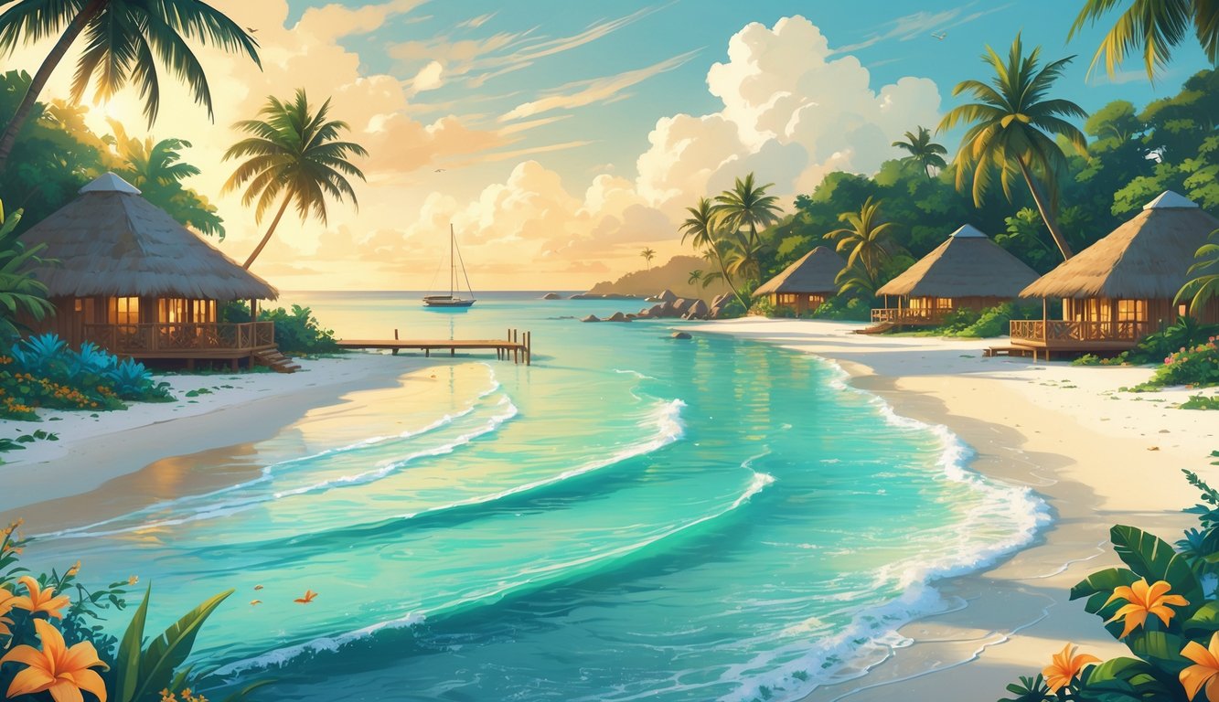 A quiet Caribbean beach with clear turquoise water, white sand, palm trees, secluded beachfront bungalows, and a small pier with a sailboat.