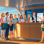 Passengers on a cruise ship looking surprised as a staff member explains new gratuity policies near the reception desk.