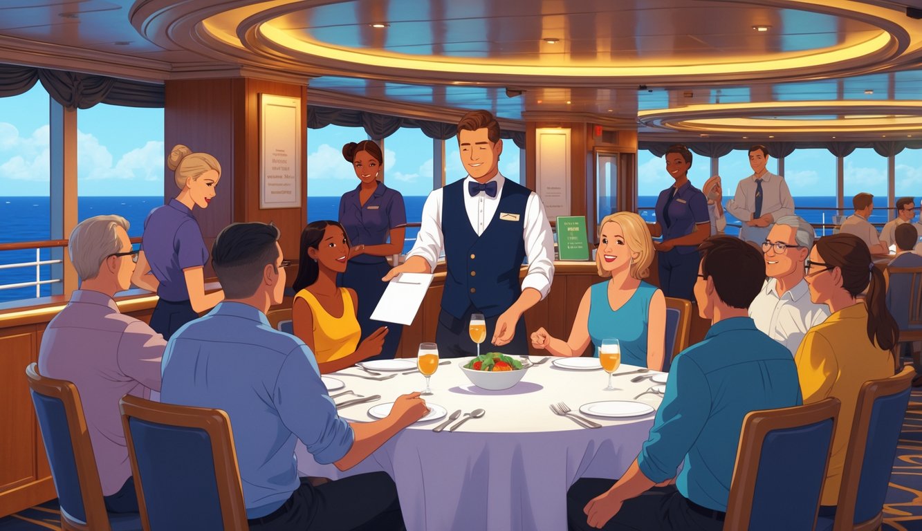 Passengers and a waiter on a cruise ship dining area discussing gratuities, with some passengers showing surprise while others listen attentively.