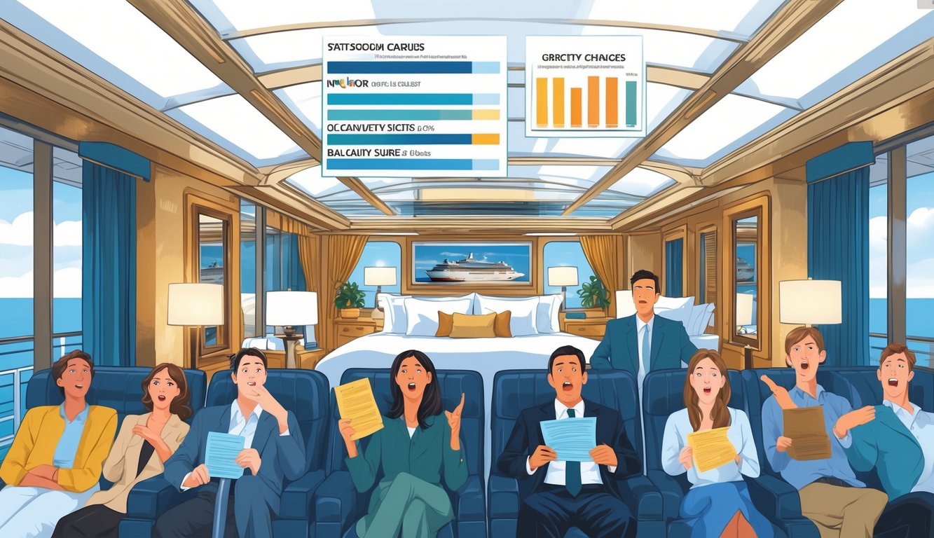 Passengers on a cruise ship looking surprised near different types of staterooms, showing variations in gratuity amounts by cabin category.